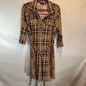 Mlle Gabrielle Dress 2X Plus Brown Black Plaid Button Front Shirt Dress